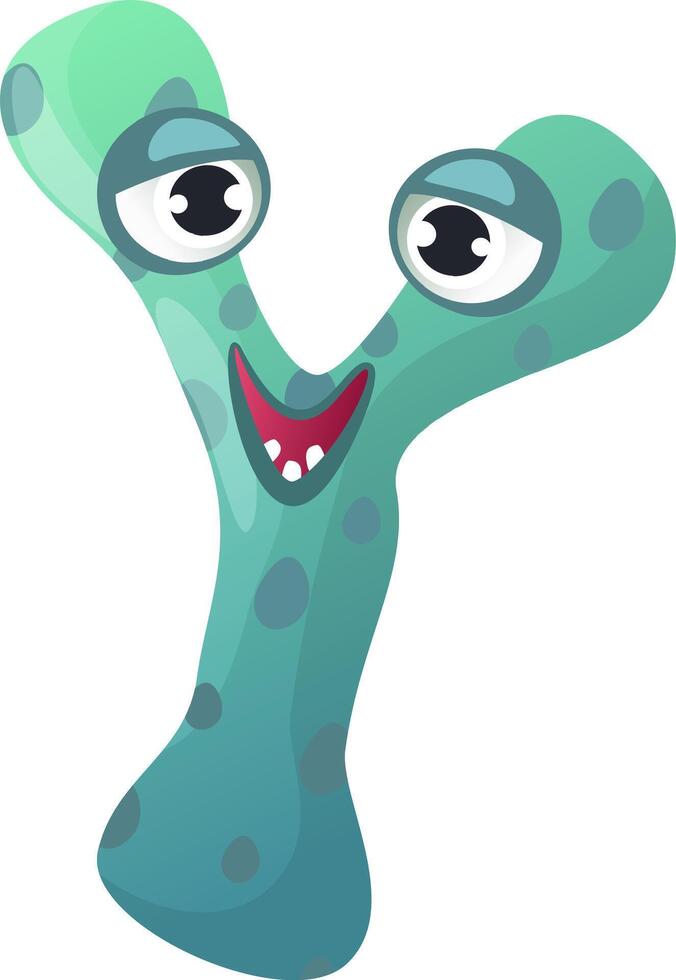 Cartoonish illustration of a funny turquoise monster with big eyes and a wide smile representing the letter Y of the alphabet, perfect for children's books or educational materials vector