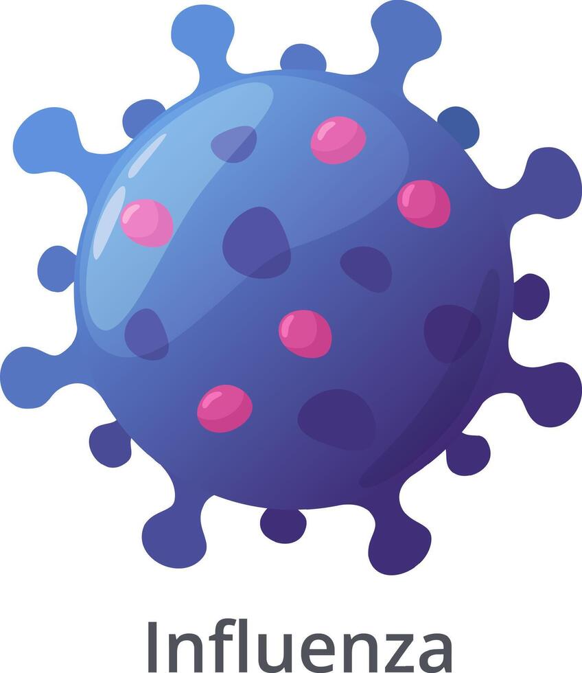 Illustrating the influenza virus cell. Highlighting themes of infection and disease within healthcare and medical microbiology. Featuring vibrant purple and pink hues against a clean white background vector