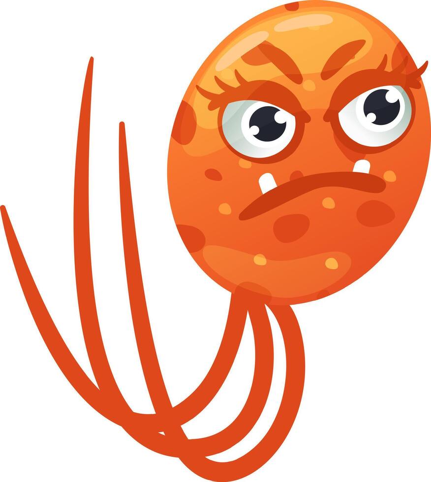 Cartoon illustration featuring an orange virus with an angry face, sharp teeth, and claws, symbolizing disease, infection, and healthcare concepts vector