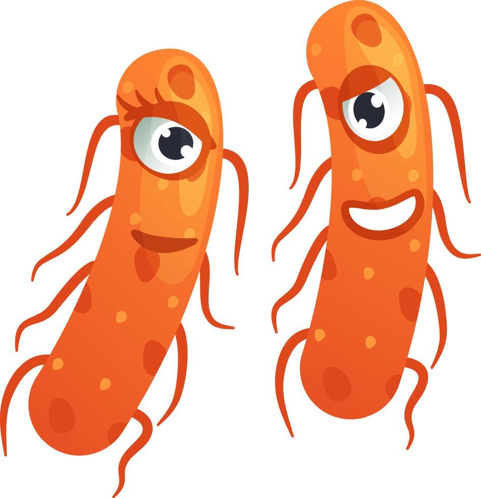 Two funny cartoon bacteria with big eyes and vibrant orange bodies, one expressing shyness while the other displays a cheerful smile, bring playful emotions to life vector