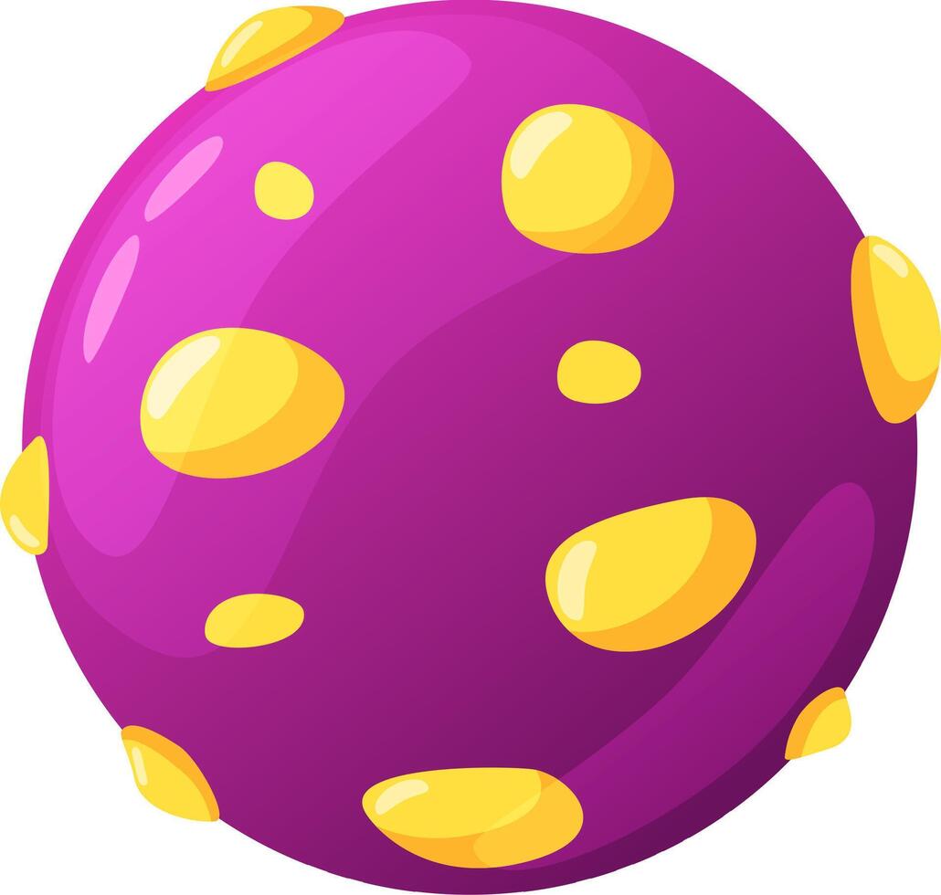 Cartoon style illustration of a purple planet with yellow craters, creating a vibrant and otherworldly scene, perfect for space themed projects vector
