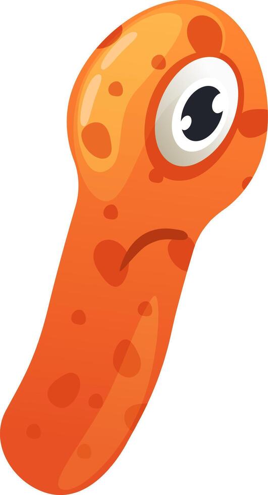 Cartoon image featuring a sad orange microbe with one large eye and distinctive spots, gazing downwards, isolated against a clean white background vector