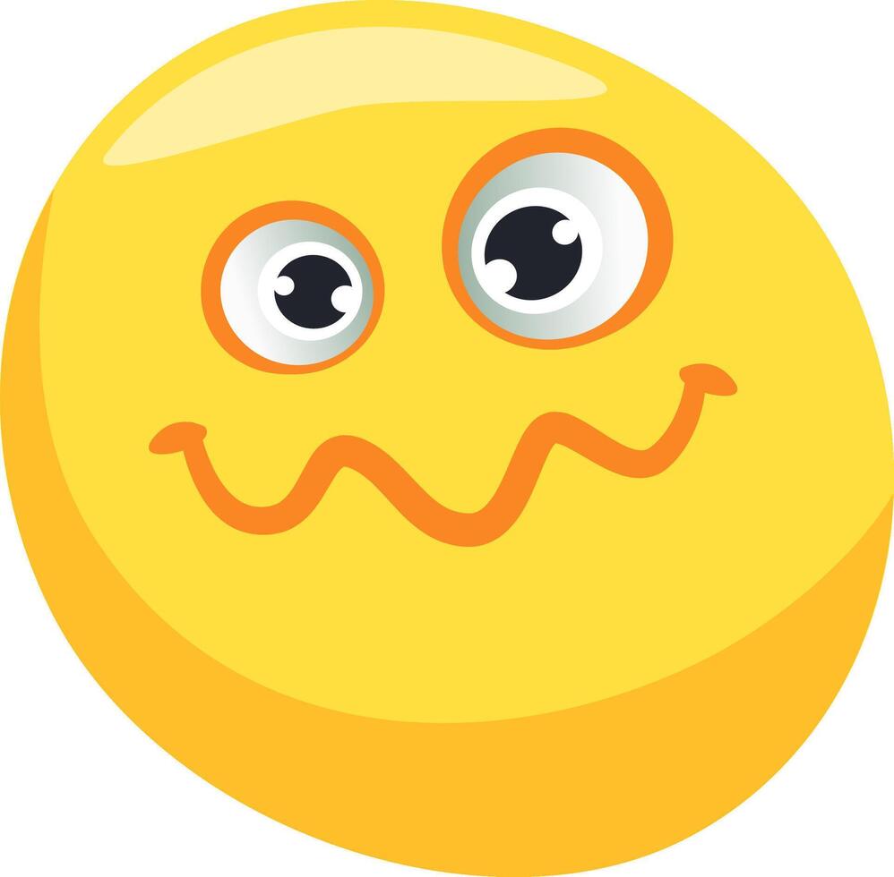 Round yellow emoticon with big eyes, goofy expression and wavy mouth, isolated on white background representing awkwardness, confusion, or shyness vector