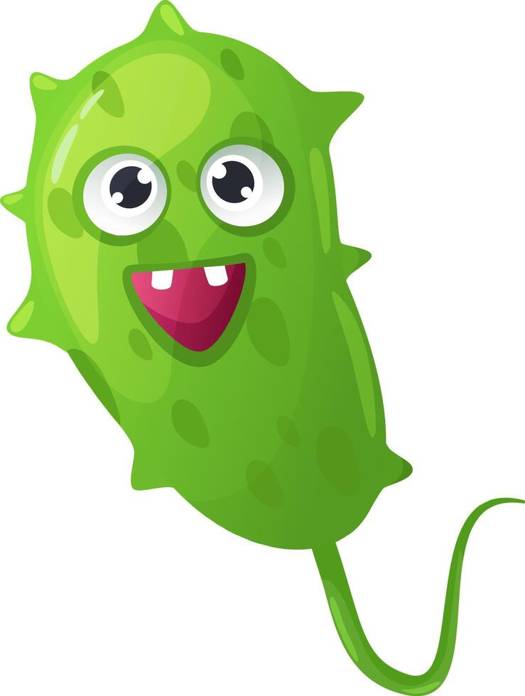 Cartoon illustration featuring a funny green microbe with a playful tail, smiling widely and displaying its teeth, set against a clean white background vector