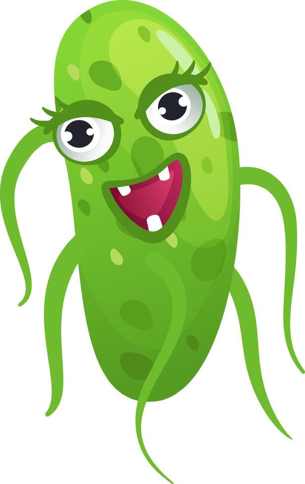 Cartoon illustration of a funny green bacteria with large eyes, thin legs and a smiling mouth showing two teeth, isolated on a white background vector