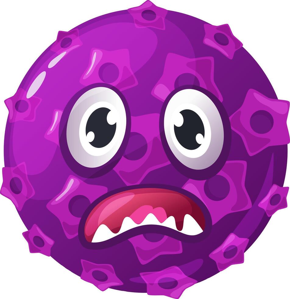 Cartoon illustration depicting a round purple virus, showcasing its teeth while expressing a worried look, all set against a clean, isolated white background vector