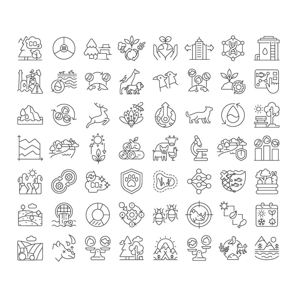 Biodiversity linear icons set. Species diversity. Ecosystem services. Environmental threats, food chains. Customizable thin line symbols. Isolated outline illustrations. Editable stroke vector