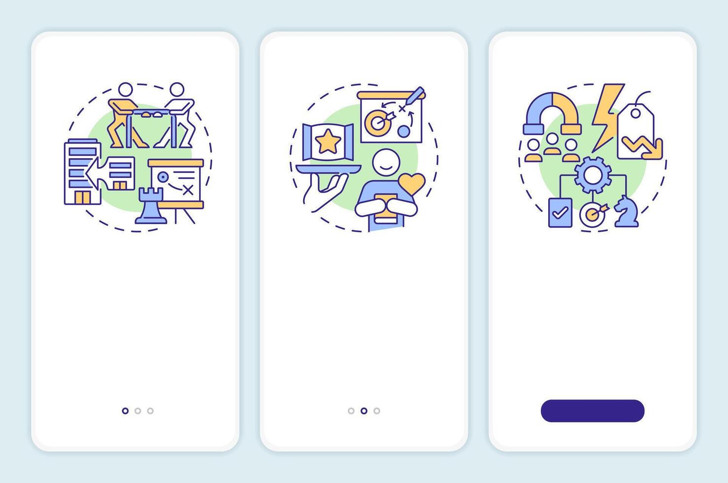 Types of competitive strategies onboarding mobile app screen. Walkthrough 3 steps editable graphic instructions with linear concepts. UI, UX, GUI template vector