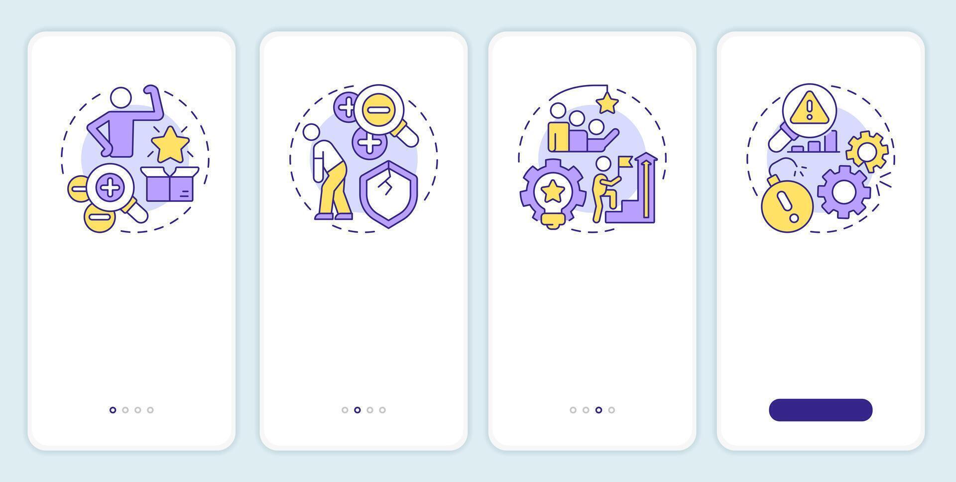 SWOT strategy onboarding mobile app screen. Business development. Walkthrough 4 steps editable graphic instructions with linear concepts. UI, UX, GUI template vector