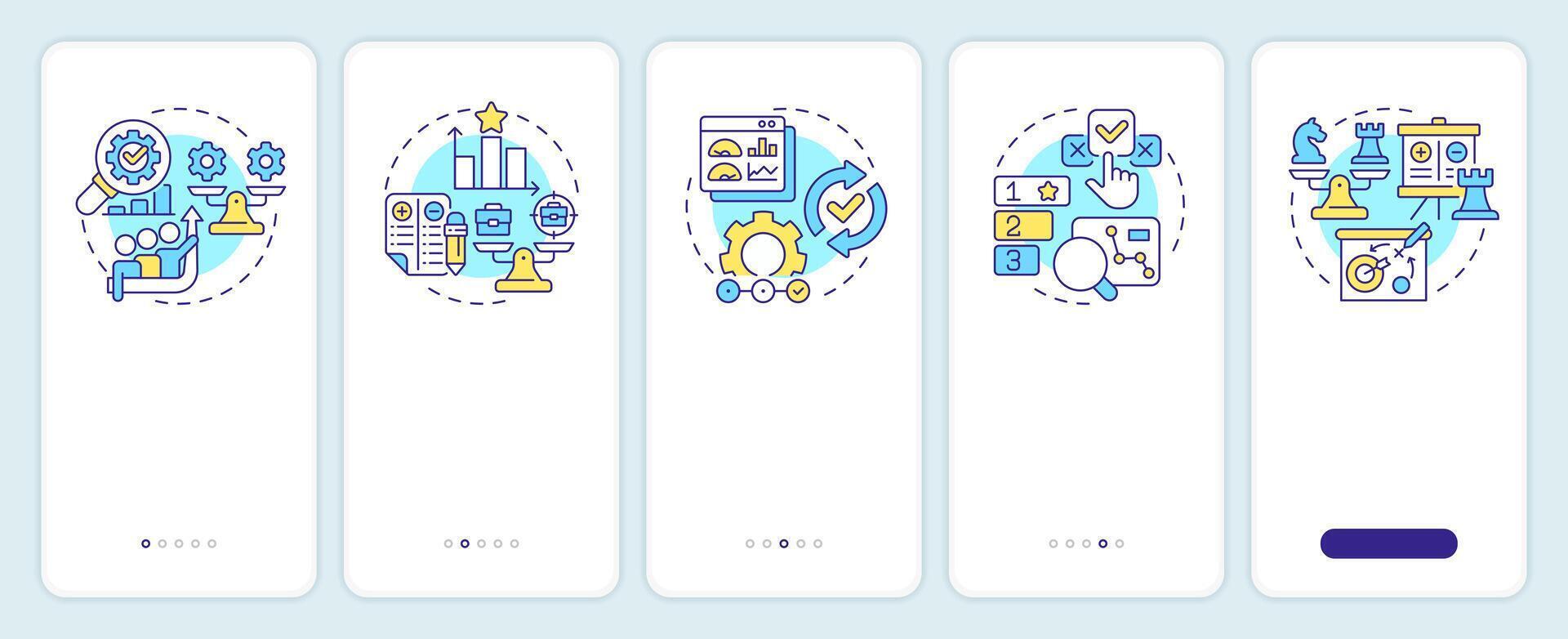 Types of benchmarking onboarding mobile app screen. Business. Walkthrough 5 steps editable graphic instructions with linear concepts. UI, UX, GUI template vector