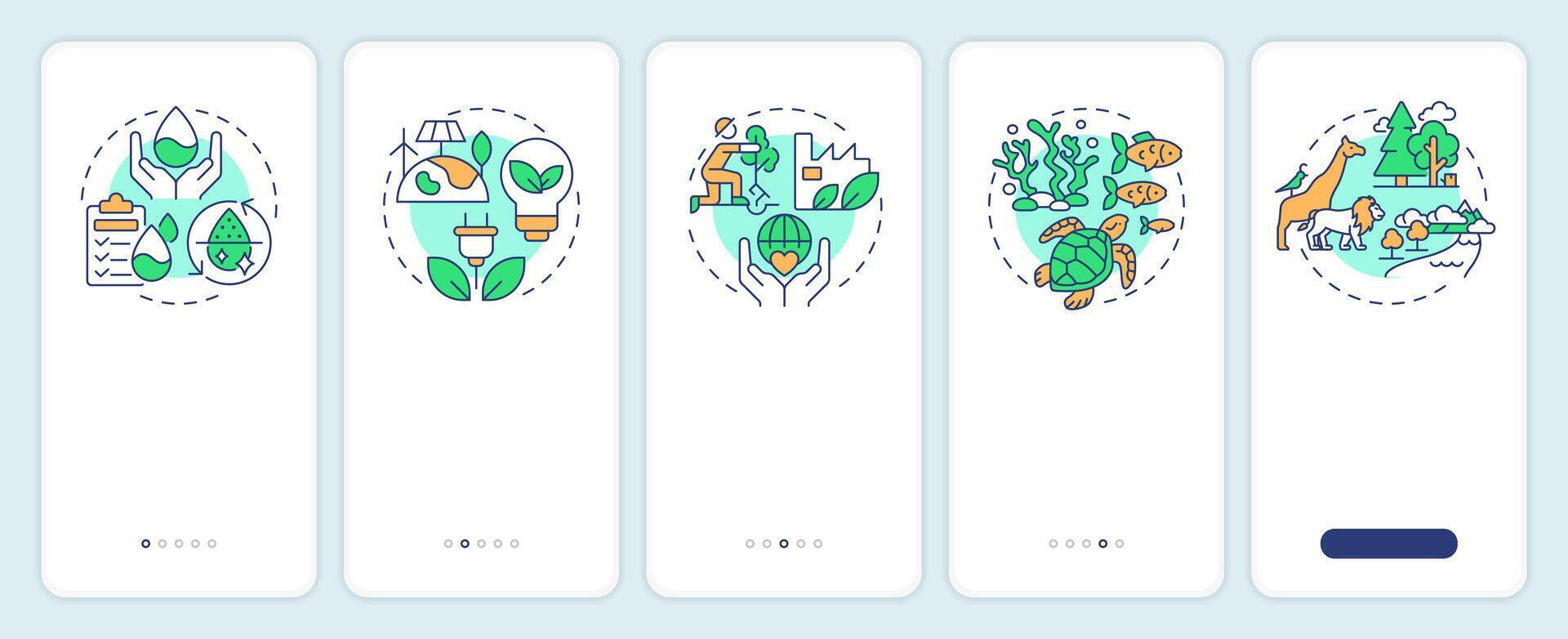 Environmental sustainability onboarding mobile app screen. Walkthrough 5 steps editable graphic instructions with linear concepts. UI, UX, GUI template vector