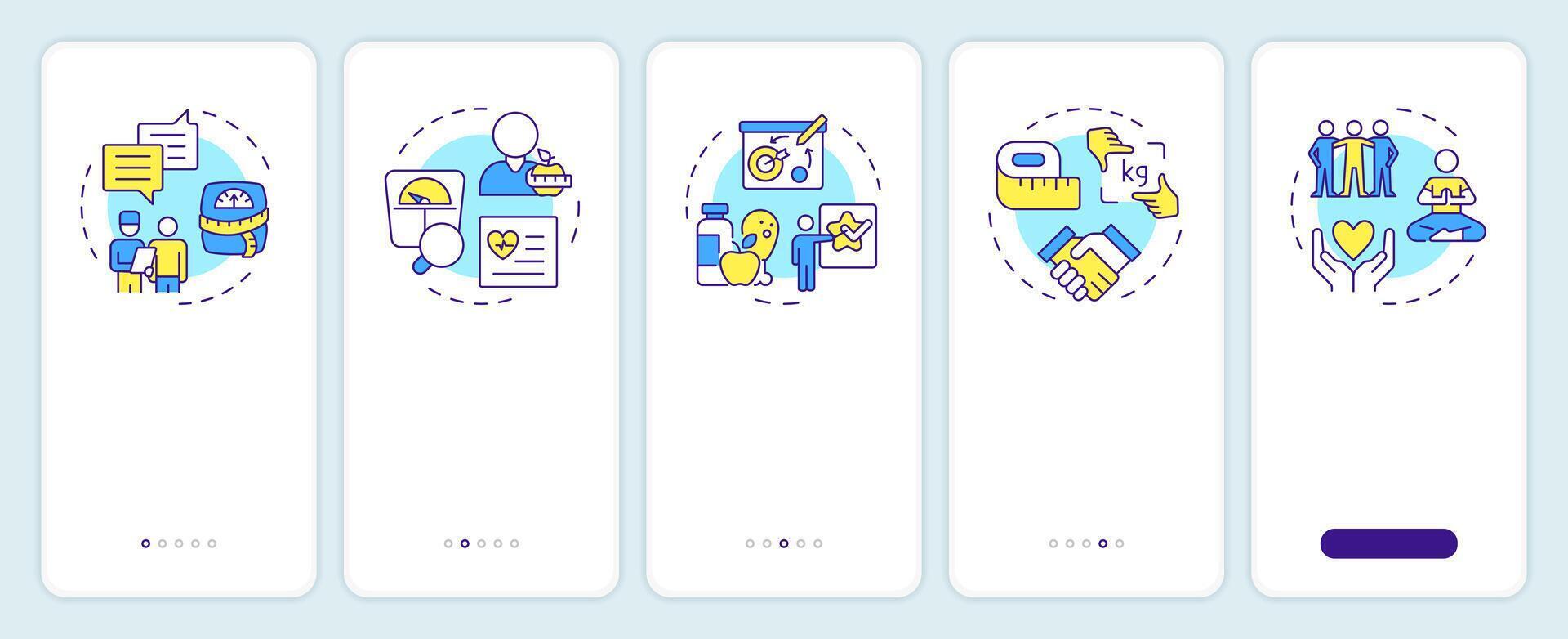 5A obesity management onboarding mobile app screen. Walkthrough 5 steps editable graphic instructions with linear concepts. UI, UX, GUI template vector