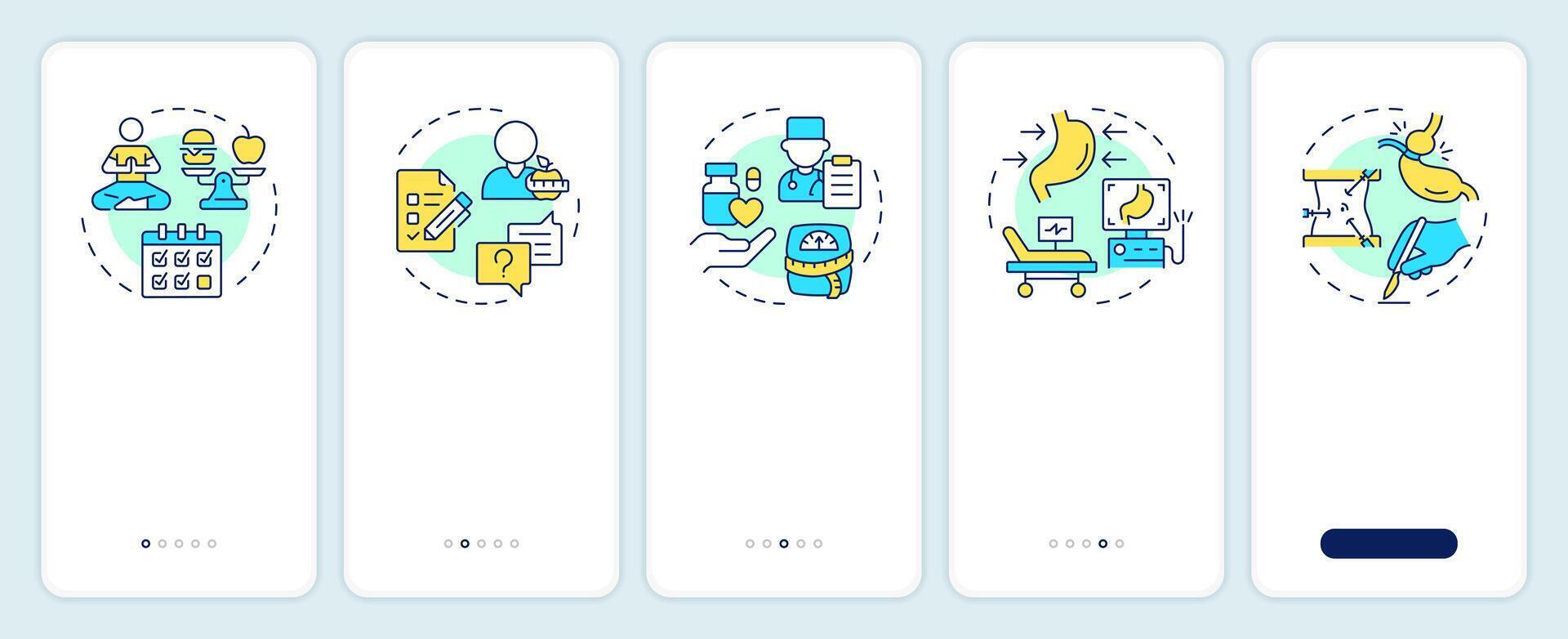 Obesity treatment onboarding mobile app screen. Walkthrough 5 steps editable graphic instructions with linear concepts. UI, UX, GUI template vector