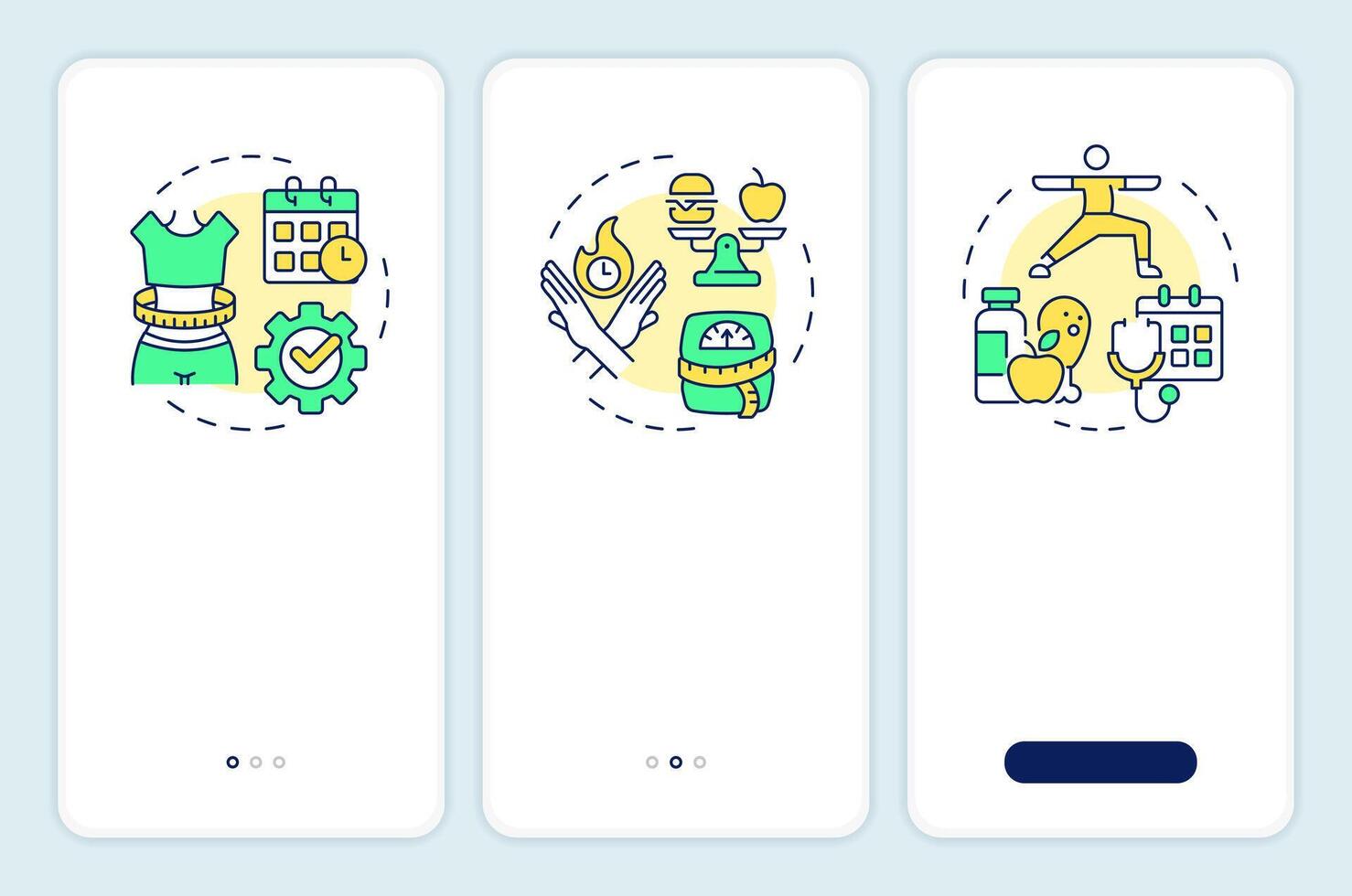 Weight loss programs onboarding mobile app screen. Walkthrough 3 steps editable graphic instructions with linear concepts. UI, UX, GUI template vector