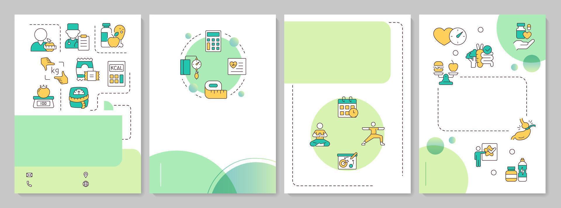 Weight loss green circle brochure template. Overweight management, treatment diet. Leaflet design with linear icons. Editable 4 layouts vector