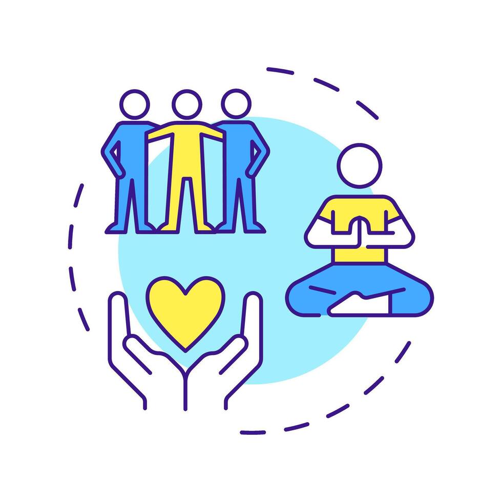 Assist multi color concept icon. Healthy lifestyle. Friendship, relationship. Meditation, healthcare. Round shape line illustration. Abstract idea. Graphic design. Easy to use in infographic vector