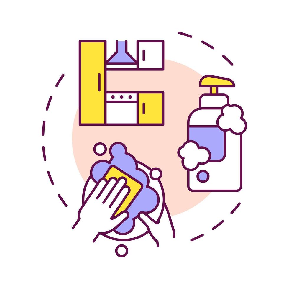 Clean multi color concept icon. Tableware washing. Cleaning tools, chemicals. Round shape line illustration. Abstract idea. Graphic design. Easy to use in infographic, presentation vector