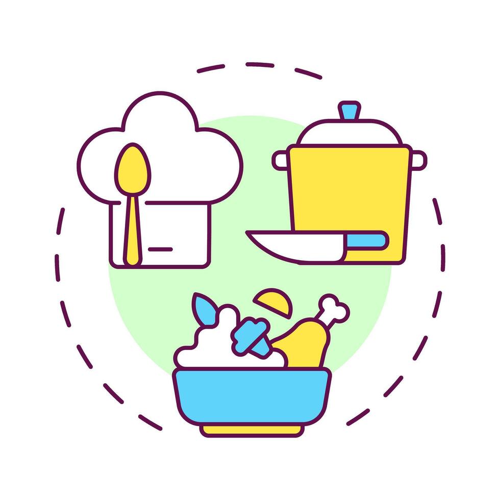 Food skills multi color concept icon. Products preparation, tableware cleaning. Round shape line illustration. Abstract idea. Graphic design. Easy to use in infographic, presentation vector
