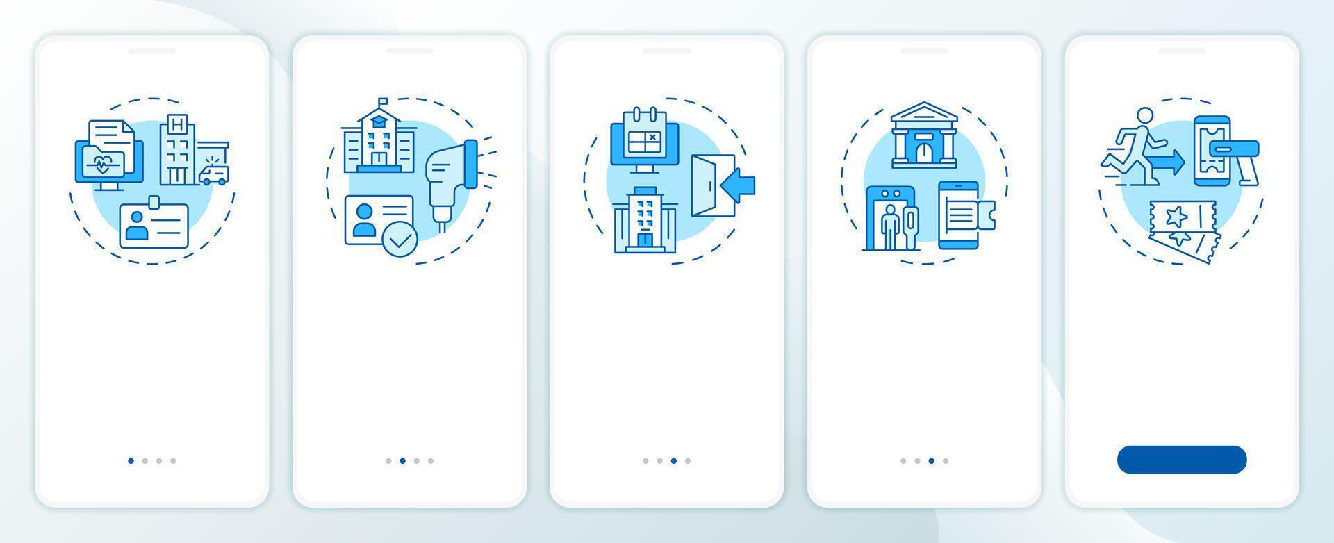 Visitor management blue onboarding mobile app screen. Walkthrough 5 steps editable graphic instructions with linear concepts. UI, UX, GUI template vector