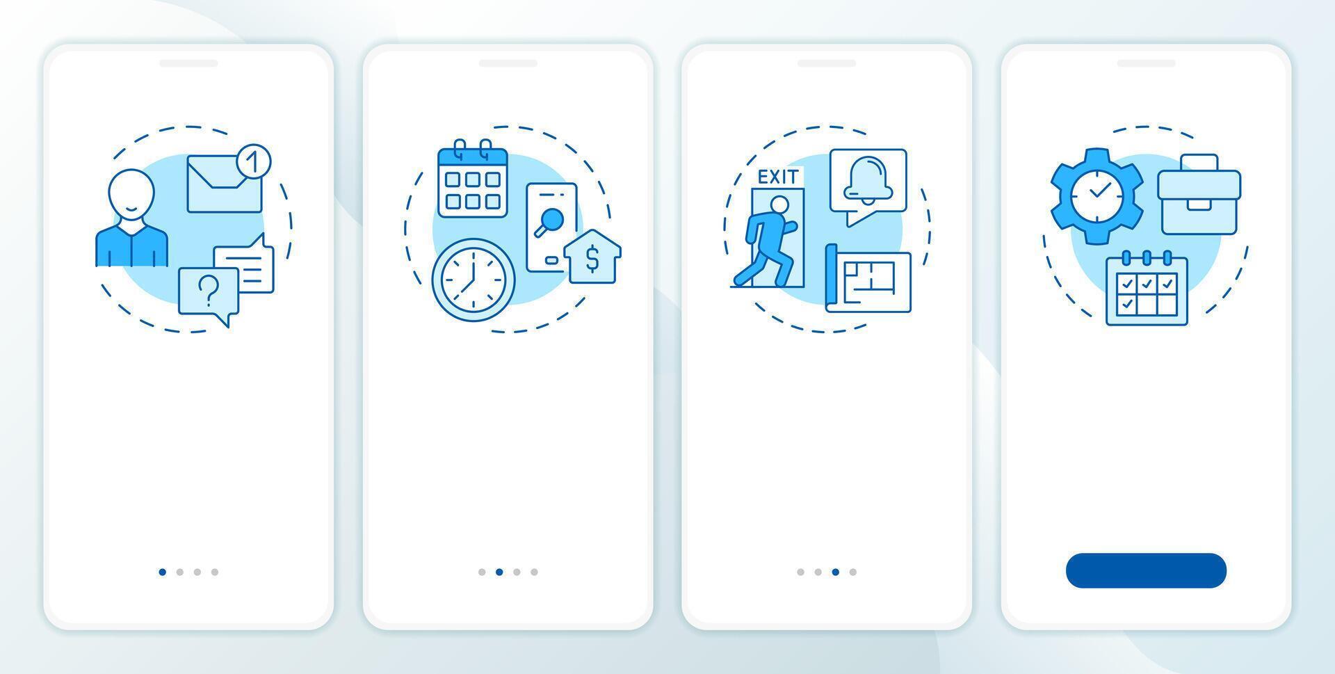 VMS features blue onboarding mobile app screen. Walkthrough 4 steps editable graphic instructions with linear concepts. UI, UX, GUI template vector