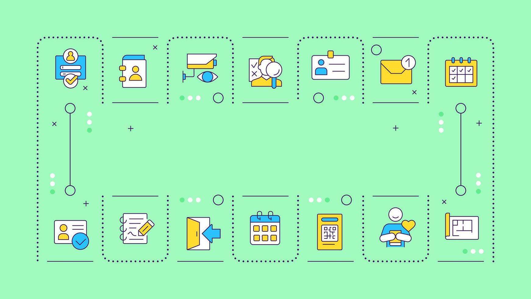Visitor management green word concept. Access control, software. Scheduling system, technology. Typography banner. Illustrationwith title text, editable icons color vector