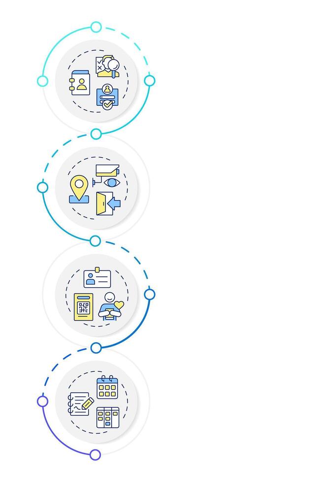 Visitors management infographic design template. Badge systems, software technology. Data visualization 4 options. Process vertical flow chart vector