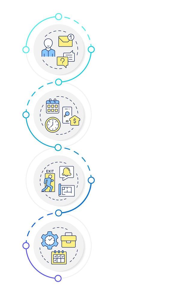 VMS software features infographic design template. Employees safety, emergency security. Data visualization 4 options. Process vertical flow chart vector
