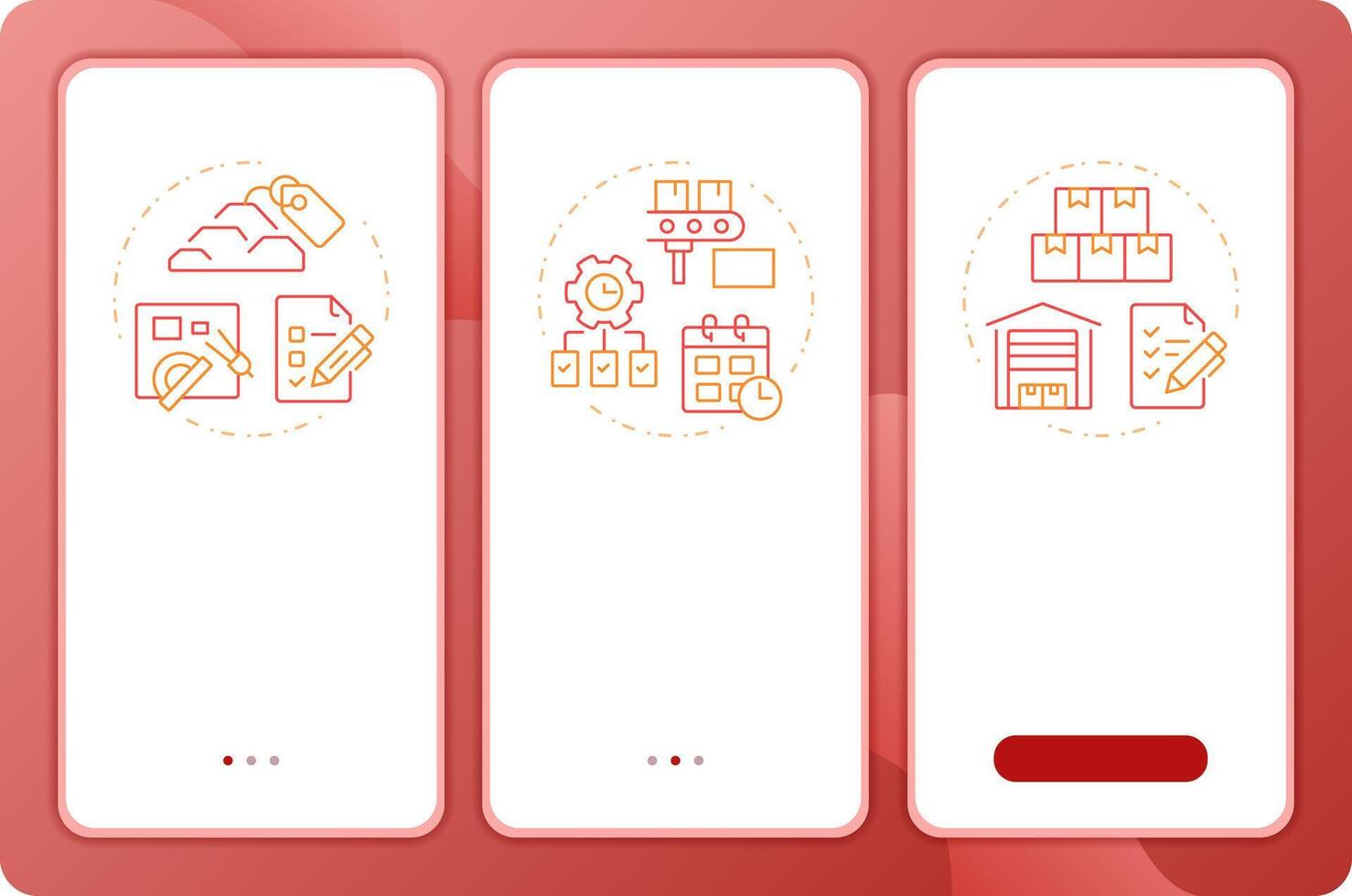MRP input app onboarding screens. Industry management. Duo tone illustration. UI design flow. 3 steps walkthrough mobile interface slide layout vector