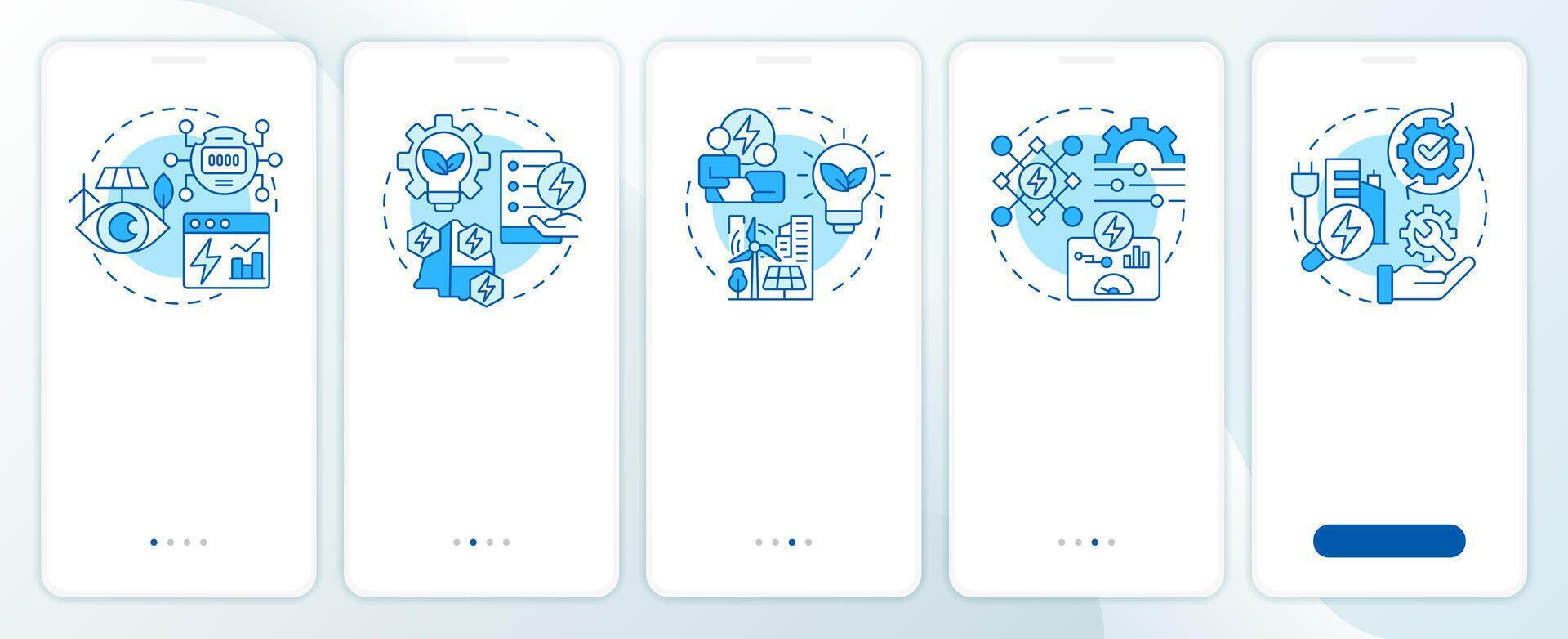Energy control steps blue onboarding mobile app screen. Walkthrough 5 steps editable graphic instructions with linear concepts. UI, UX, GUI template vector