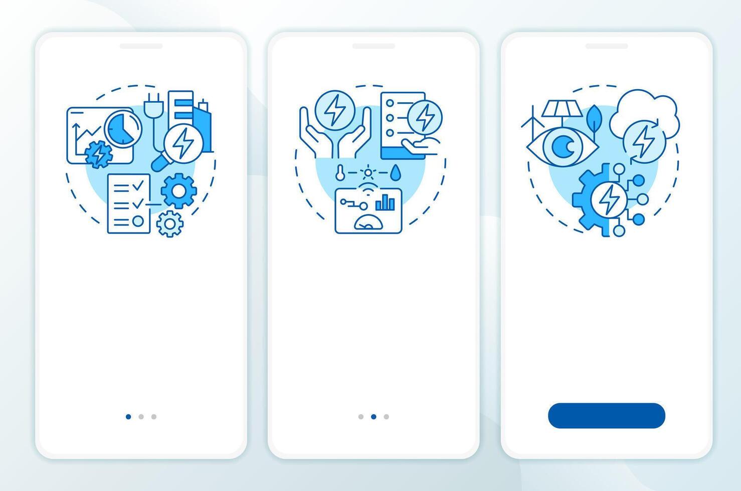 EMS types blue onboarding mobile app screen. Energy control. Walkthrough 3 steps editable graphic instructions with linear concepts. UI, UX, GUI template vector