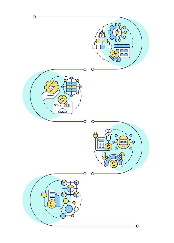Energy consumption control methods infographic vertical sequence. Statistical metrics, management. Visualization infochart with 4 steps. Circles workflow vector