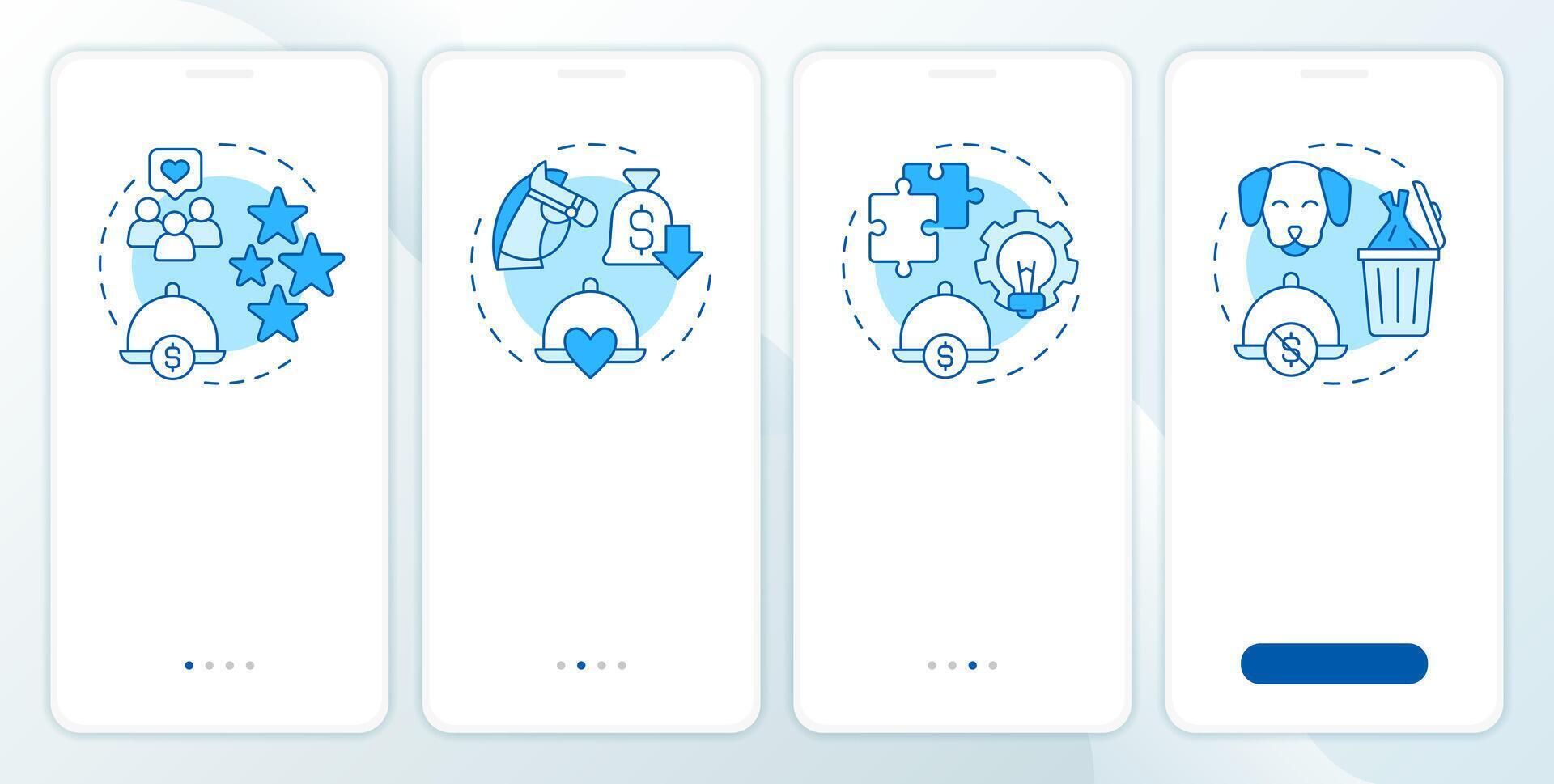 Menu engineering matrix blue onboarding mobile app screen. Walkthrough 4 steps editable graphic instructions with linear concepts. UI, UX, GUI template vector