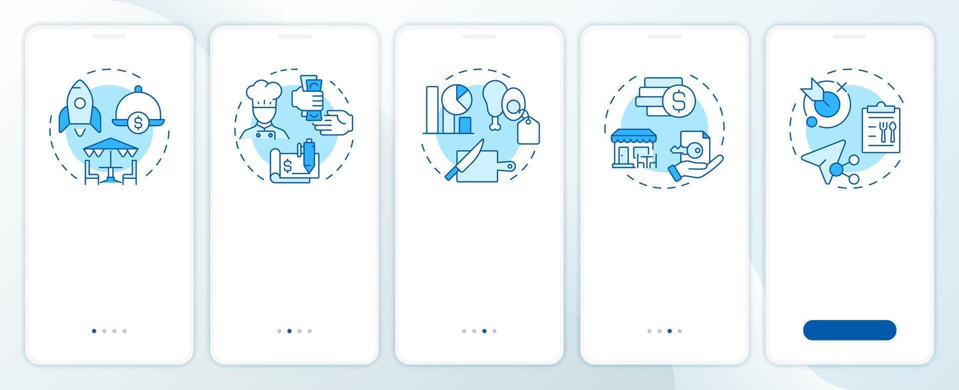 Restaurant operational costs blue onboarding mobile app screen. Walkthrough 5 steps editable graphic instructions with linear concepts. UI, UX, GUI template vector