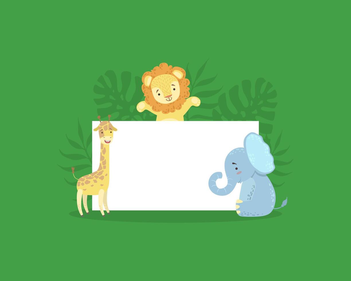Cute African Animals Holding Empty Banner, Adoraable Lion, Giraffe, Elephant with Blank Sign Board Illustration vector
