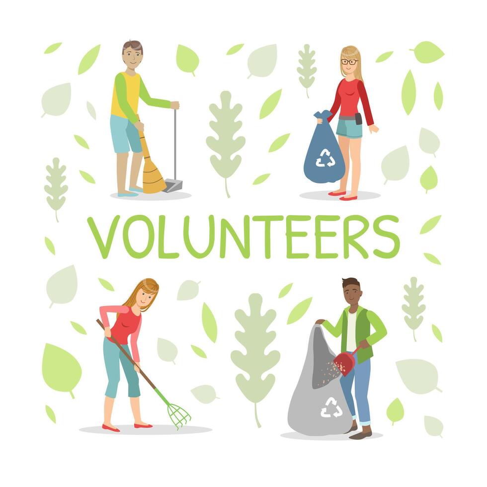 Volunteers Gathering Garbage and Plastic Waste for Recycling, People Sweeping and Cleaning Outdoors Illustration vector