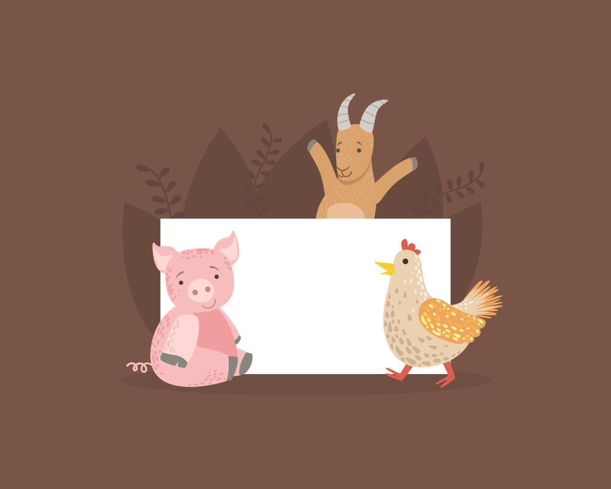 Cute Farm Animals Holding Empty Banner, Funny Goat, Hen, Piglet with Blank Sign Board Illustration vector