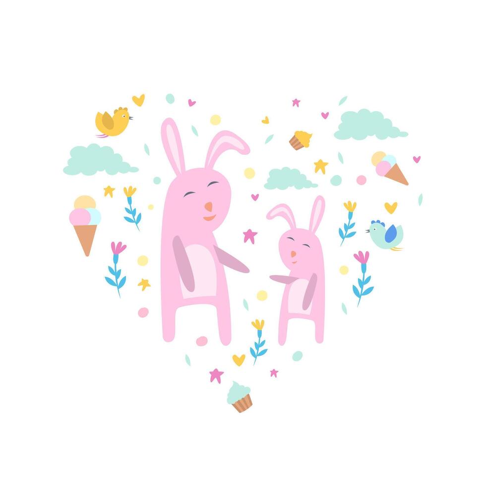Pink Bunnies with Clouds, Flowers and Ice Creams of Heart Shape, Cute Childish Poster, Greeting or Invitation Card, Print for T-shirt Design Element Illustration vector