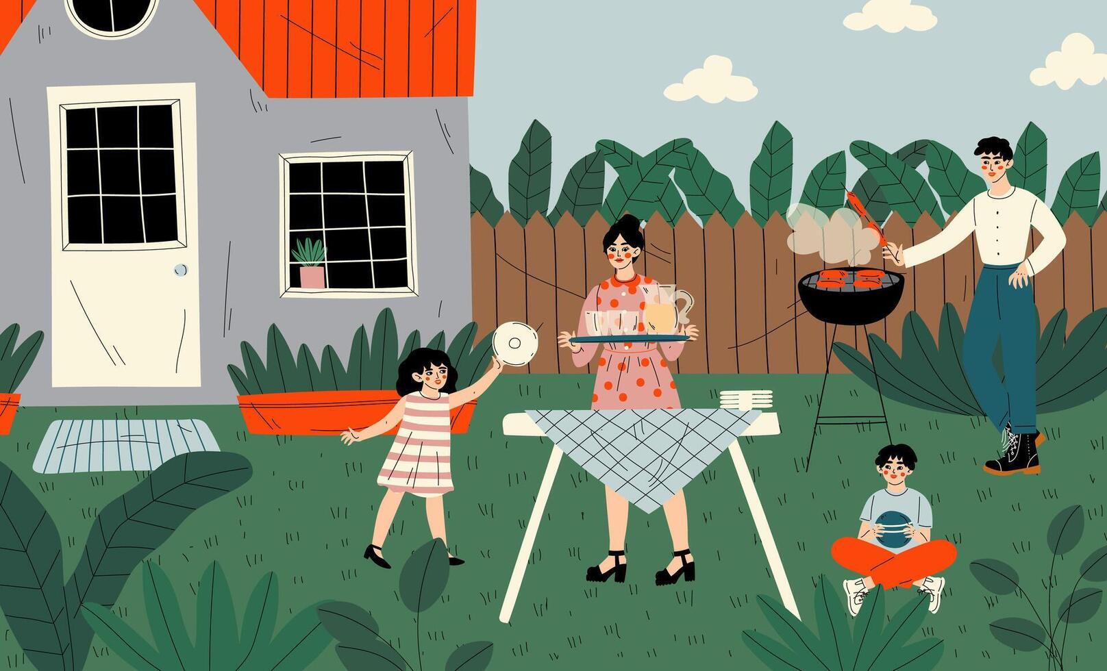 Family on BBQ Party on the Backyard, Father Cooking Barbecue, Son Sitting on the Grass, Girl Helping Her Mother Set the Table Illustration vector