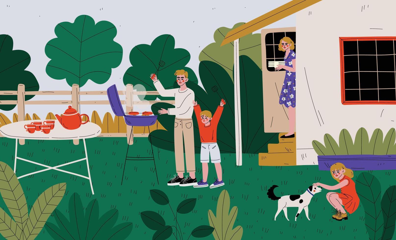Family on BBQ Party on the Backyard, Father and Son Cooking Barbecue, Daughter Playing with Dog, Mother with Plates Standing on the Porch of the House Illustration vector