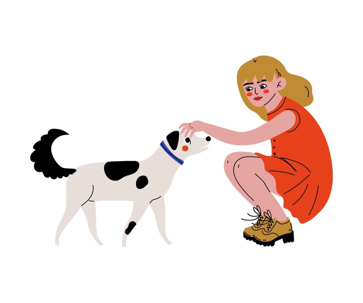 Cute Girl Playing and Stroking her Dog Illustration vector