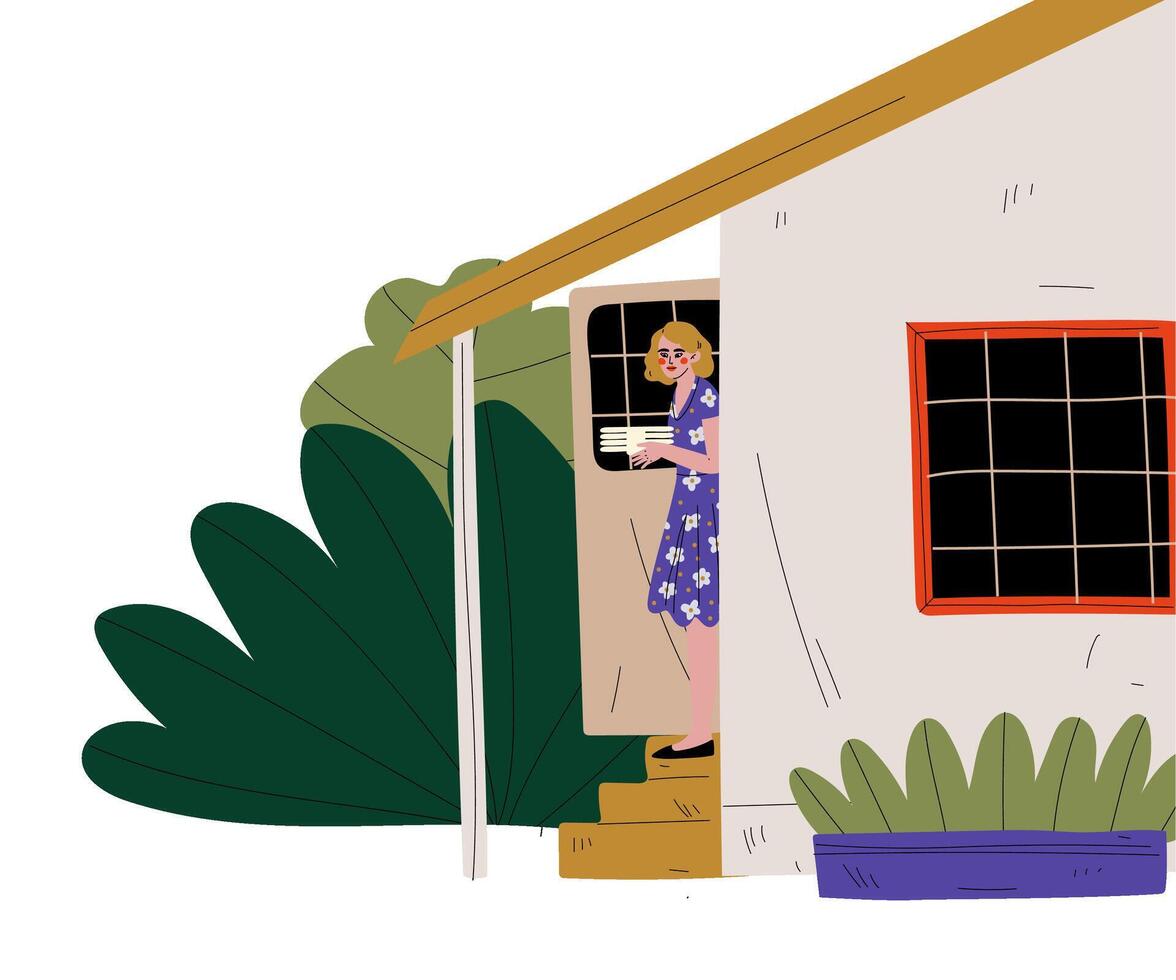 Woman with Plates Standing on the Porch of the House, BBQ Party Outdoors Illustration vector