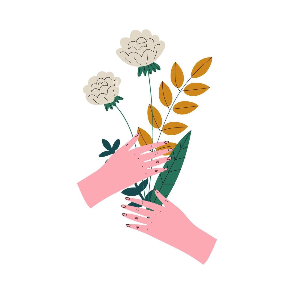 Female Hands Holding Bouquet of Wild Blooming Flowers, Elegant Decorative Floral Design Element Illustration vector