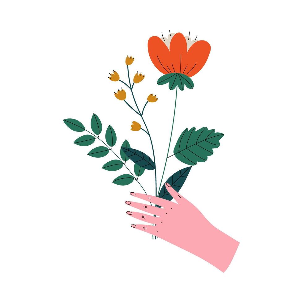 Female Hand Holding Bouquet of Wild Beautiful Flowers, Elegant Decorative Floral Design Element Illustration vector