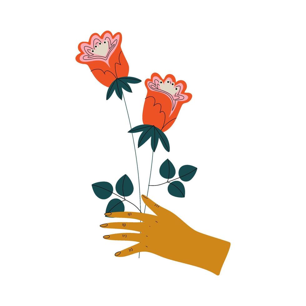Female Hand Holding Bunch of Wild Red Flowers, Elegant Decorative Floral Design Element Illustration vector