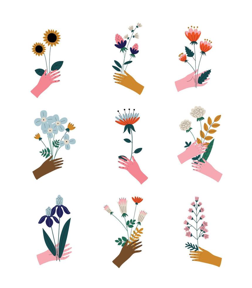 Collection of Female Hands Holding Bouquets of Blooming Flowers, Elegant Decorative Floral Design Elements Illustration vector