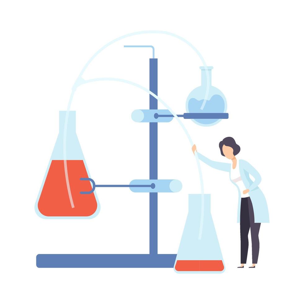 Female scientist directs the hose to the flask. illustration. vector