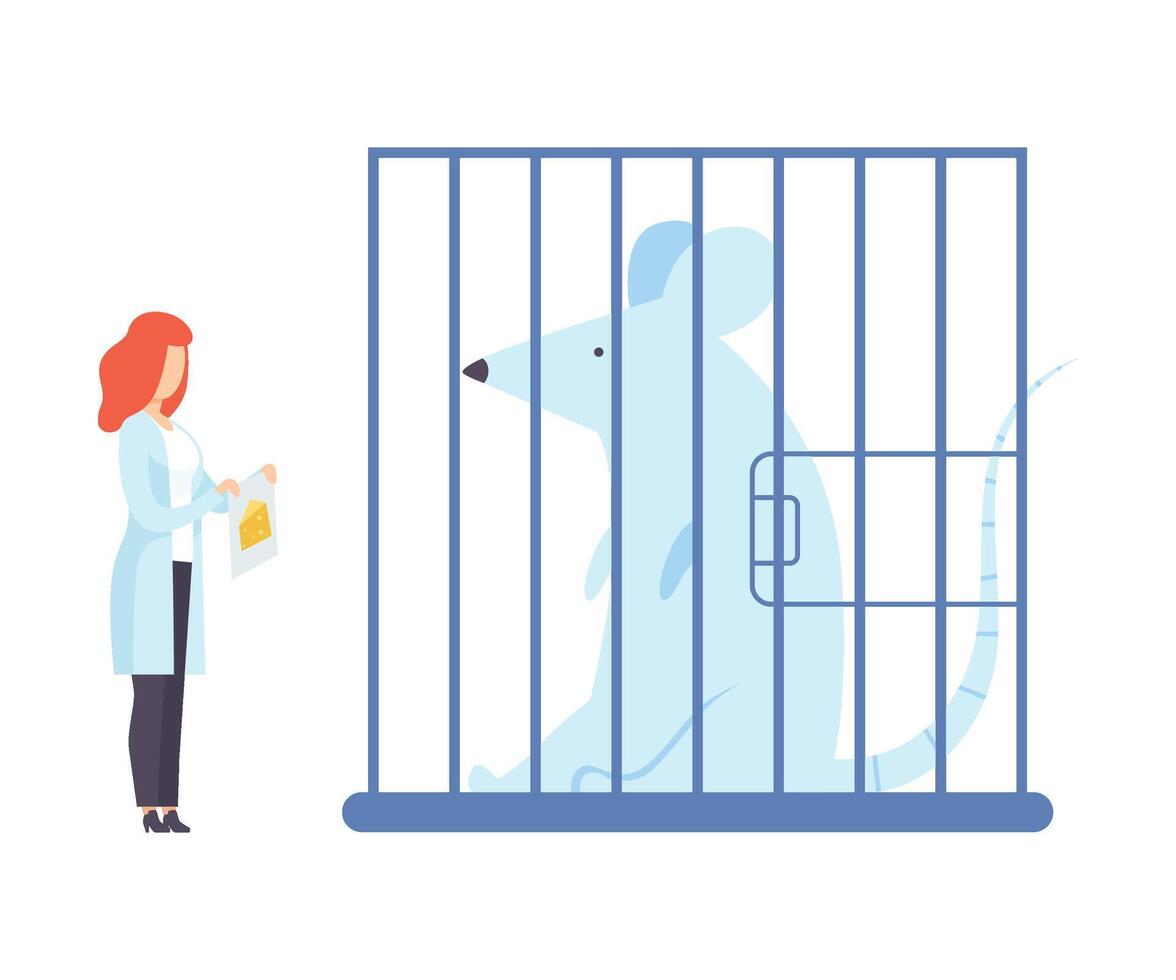 Female scientist next to a huge laboratory mouse. illustration. vector