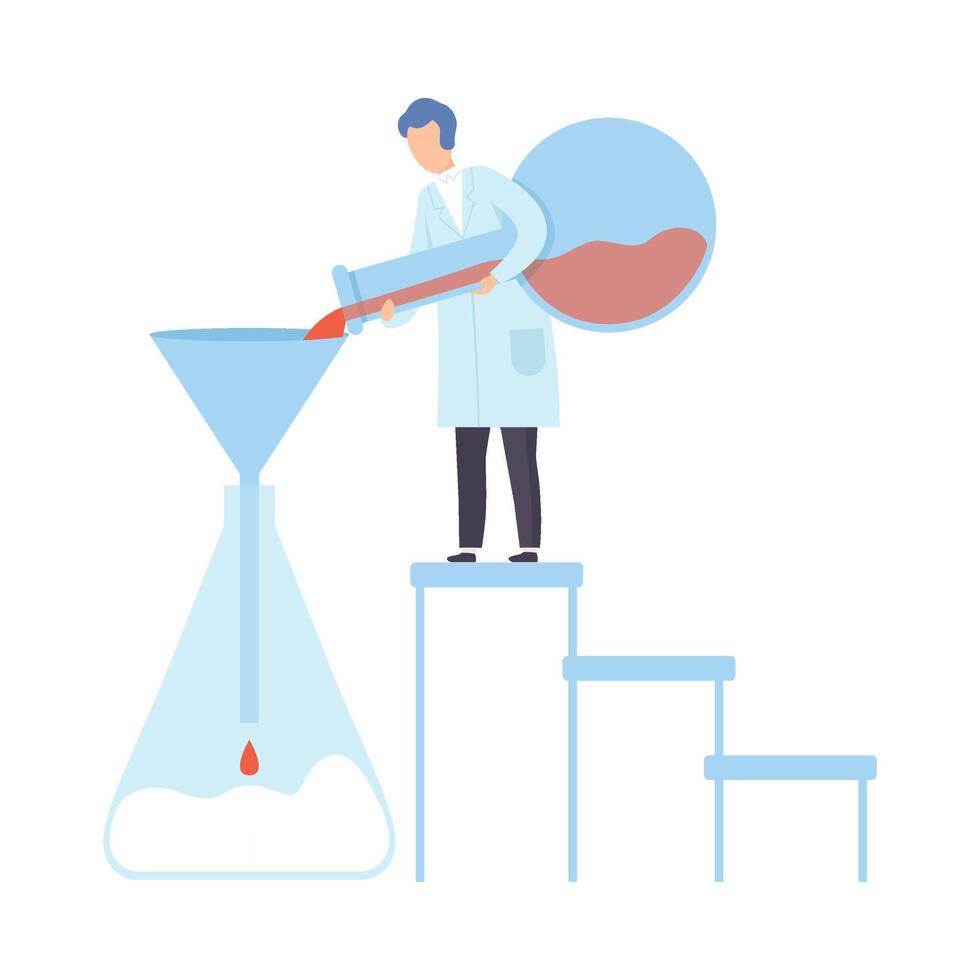 Scientist pours red liquid into a huge flask. illustration. vector