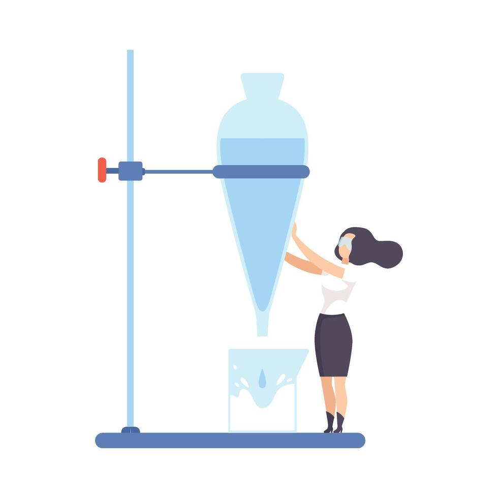 Female scientist next to a huge flask. illustration. vector