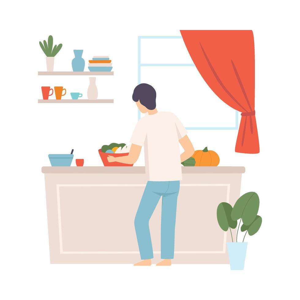 Man in blue headquarters and a white shirt is cooking. The view from the back. illustration. vector